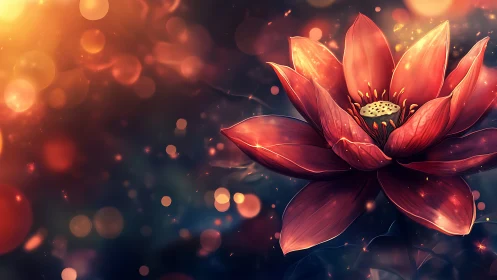 Glowing red lotus blooms against dark bokeh night field