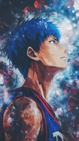 Celestial chromatic portrait of focused anime basketball guard.