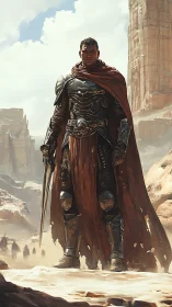 Armored desert warrior stands against monumental canyon cliffs