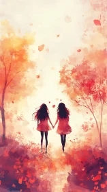 Backlit silhouettes of two girls walking through abstract autumn
