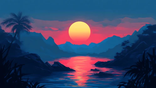 Radiant tropical sunset glows gently across calm mountain water