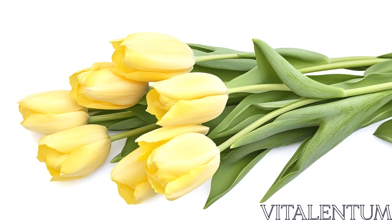 Yellow tulips with green stems on white background.