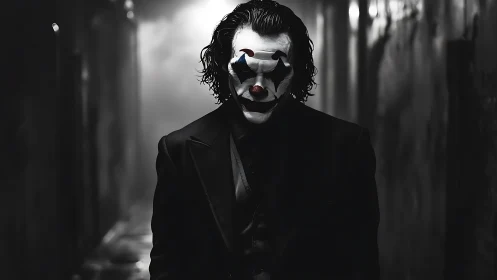 Shadowed clown figure stalks a misty monochrome alleyway.