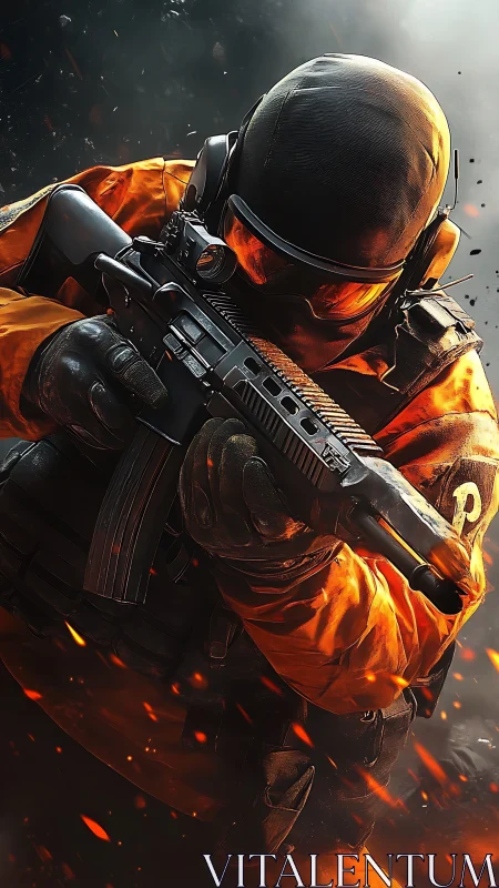 Tactical operator in orange gear advancing with customized assault rifle