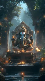 Digital painting of luminous Ganesha shrine in jungle courtyard.
