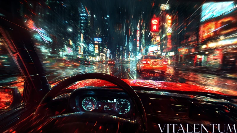 Neon city drive viewed from rainy car interior at speed.