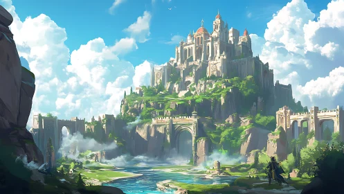 Sunlit fantasy citadel rises over lush river valley