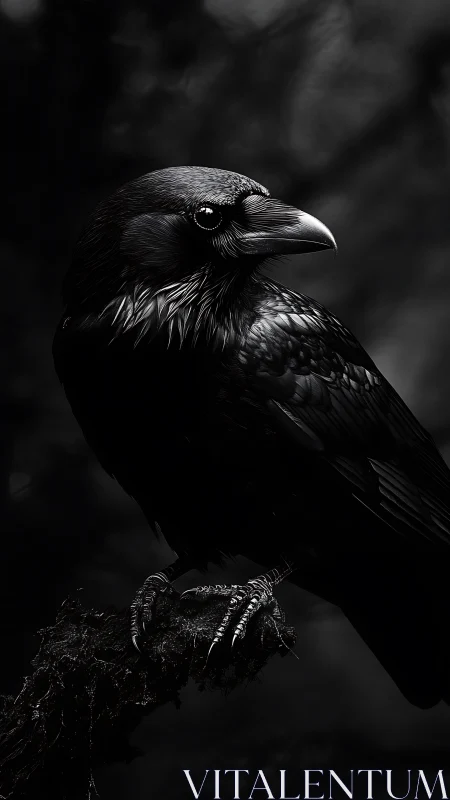 Brooding raven studies the shadows in a stark monochrome forest