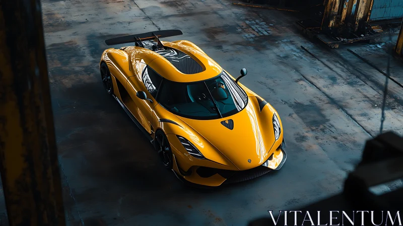 Yellow hypercar under moody warehouse directional lighting.