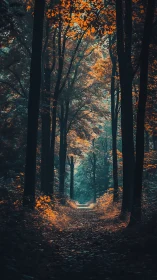 Autumn Forest Corridor with Bilateral Symmetry and Tonal Gradient Depth