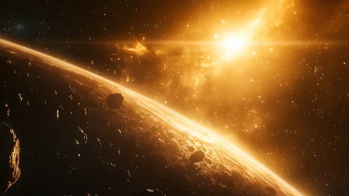 Curved planet surface with asteroids lit by intense star glow