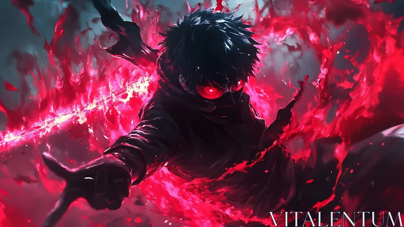 Masked figure surrounded by red energy in dark setting.