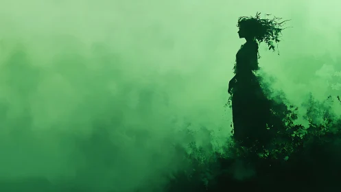 Silhouette of foliage figure in monochrome green mist field.