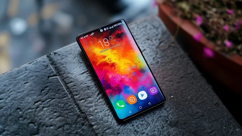 High-End Smartphone Displays Vibrant Gradient Wallpaper on Concrete Surface