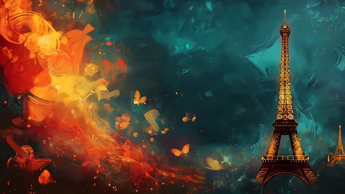 Eiffel Tower silhouette with abstract orange teal background.