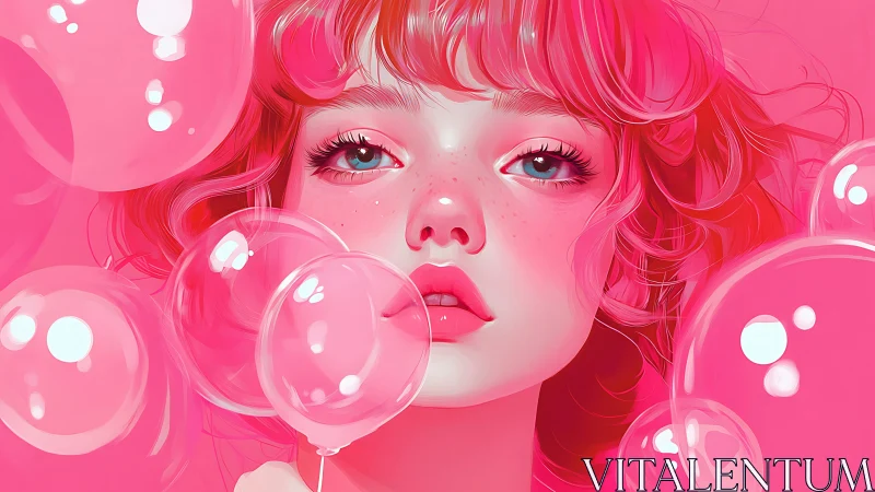Soft pink daydream gazes through glowing floating bubbles