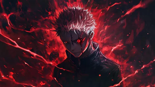 Demonic anime warrior radiates violent crimson energy field.