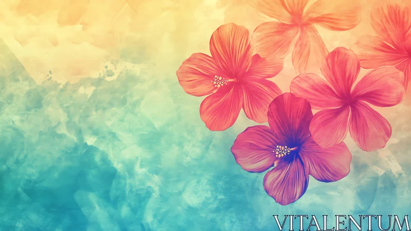 Gradient Cosmos Flowers: Digital Watercolor Blossoms Against Ethereal Background.