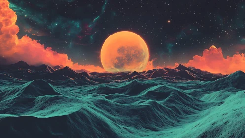 Alien seascape with orange moon and teal wave formations.
