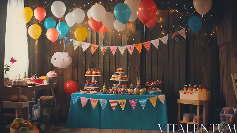 Festive Party Setup with Balloons and Tiered Dessert Display.