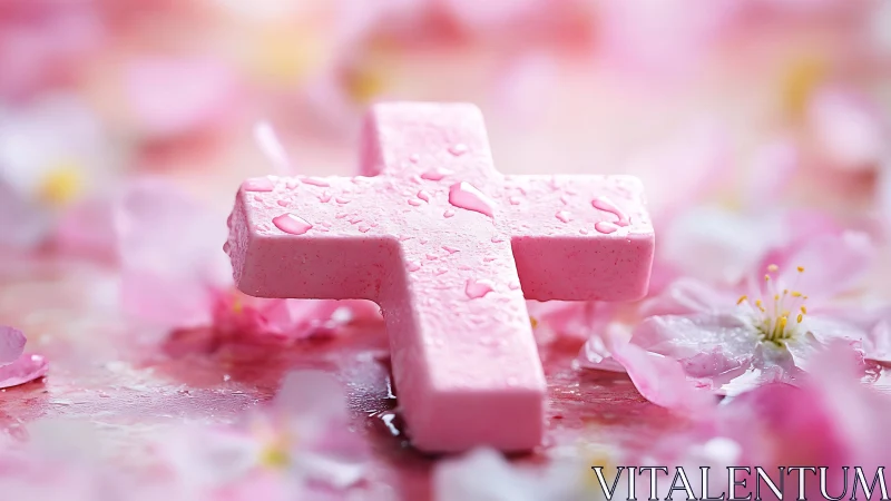 Pink cross rests among wet cherry blossom petals