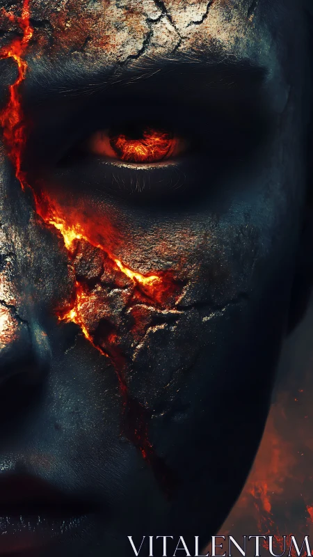 Burning cracked face with molten eye and dark textures.