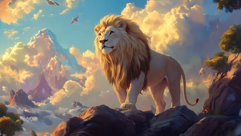 Male lion stands on rocky outcrop against illuminated clouds