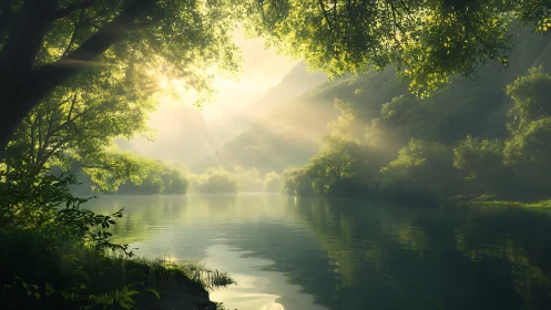 Sunlit forest lake glows softly beneath morning mist.