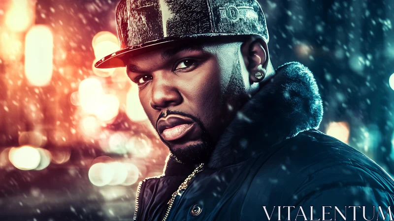 Urban night portrait of man in fur-trim parka with snowfall