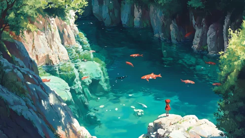 Solitary child gazes over a tranquil turquoise canyon pool