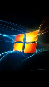 Windows-style glass logo glows amid neon light trails.