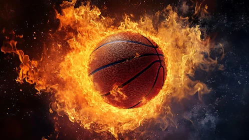 Flaming basketball rendered with high-contrast lighting and dynamic fire simulation