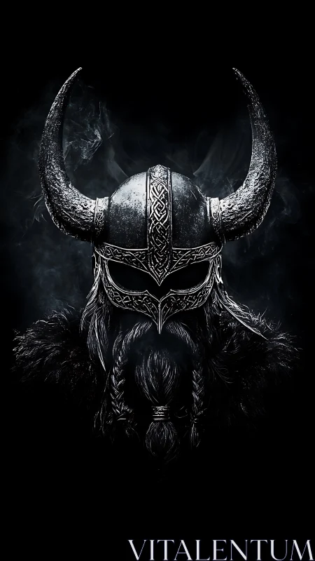 Ornate horned Viking helm in high contrast digital chiaroscuro.