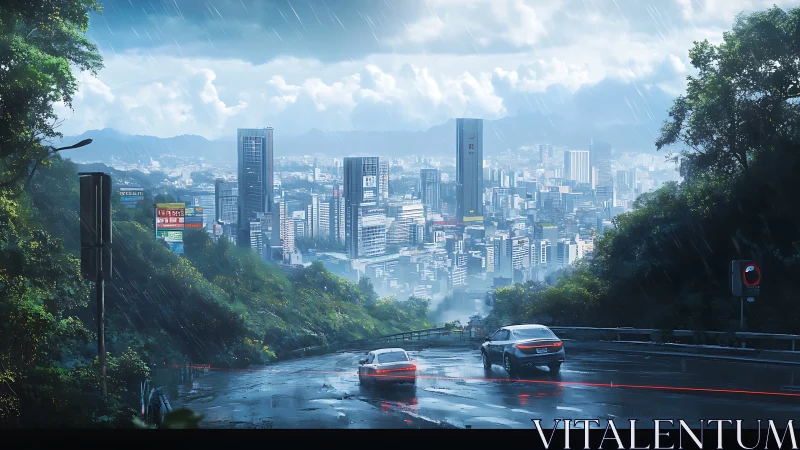 Wet mountain road overlooks dense modern city in rainfall