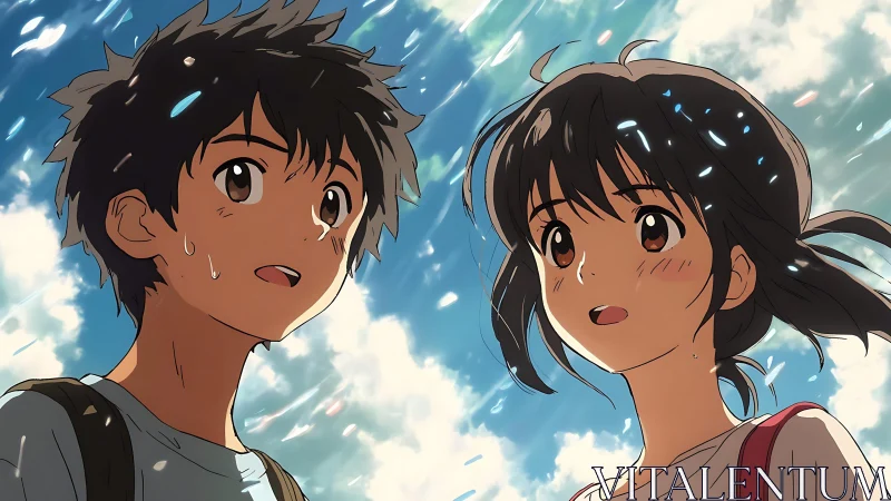 Two anime teens look upward under bright sky with rain