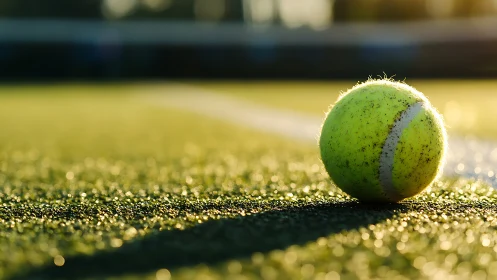 Tennis ball rests on sunlit court surface in close focus