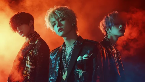 Cinematic triadic portrait in neon-tinted atmospheric haze.