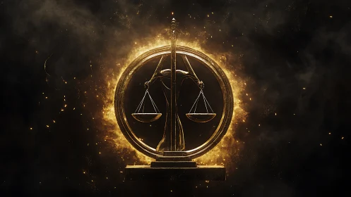 Golden justice scales glow within fiery circular frame.