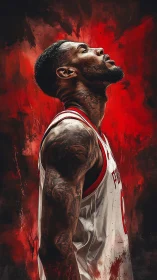 Basketball player rendered in profile against abstract red field
