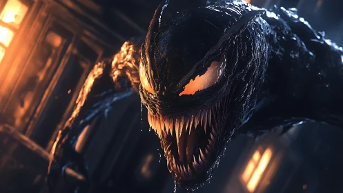 Rendered black creature with elongated jaws advances in frame