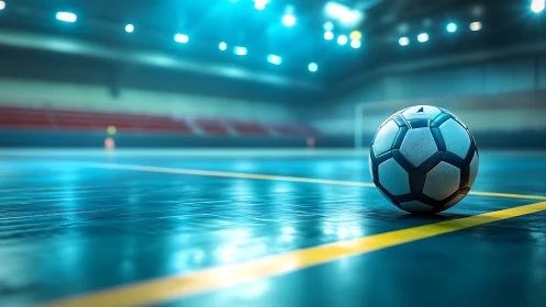 Photorealistic futsal court with spotlighted ball composition.