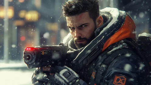 Futuristic soldier aims rifle in a tense snowbound standoff