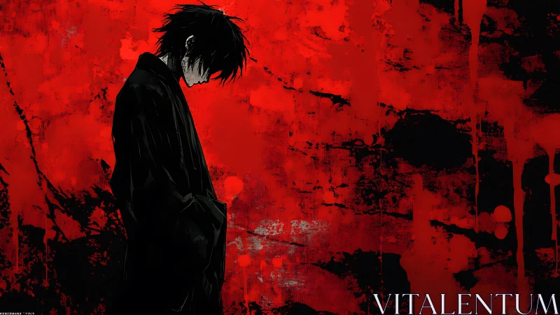 Solitary anime figure silhouetted against distressed red grunge field
