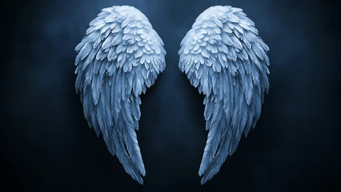 Frost-lit angel wings drifting in a midnight-blue hush.