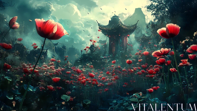 Scarlet poppy garden shrouds a misty temple in dreamlike dusk