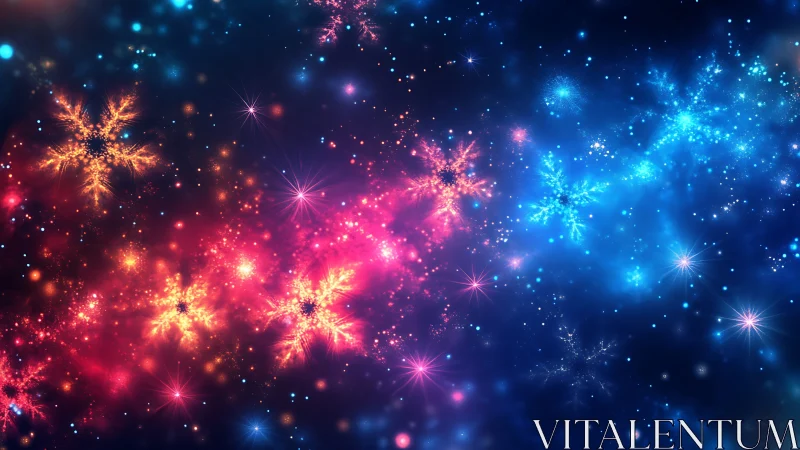 Bicolor nebula snowflakes with luminous particle bokeh field