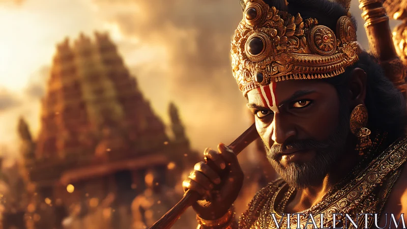 Warrior deity portrait before sunlit Dravidian temple fa&ccedil;ade.