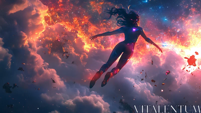 Cosmic heroine ascends through blazing nebula clouds at dawn.