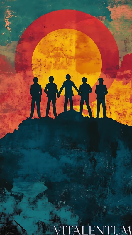 Friends on the hilltop bathed in a bold, hopeful sunset glow.