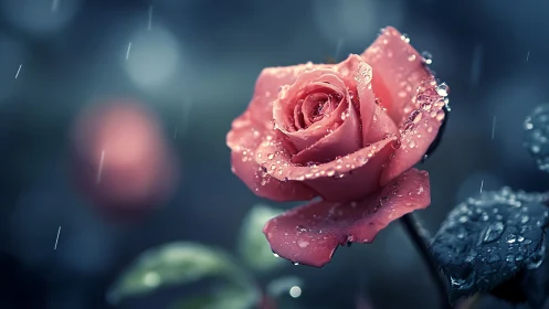 Pink Rose Glistening in Rain.